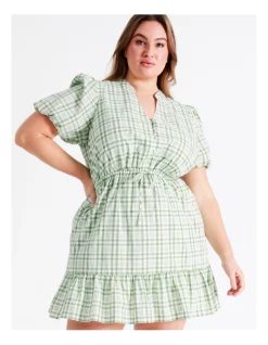 Discount ๐ฏ Tokito Curve Puff Sleeve Check Recycled Cotton Blend Mini ๐ Dress In Sage ๐ฅ
