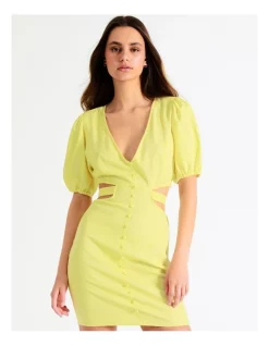 Promo ✔️ Miss Shop Linen Button Detail Tie Waist Mini 👗 Dress In Yellow 😍
