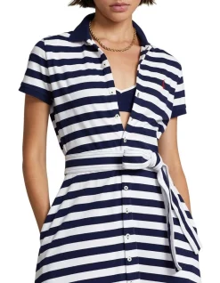 Buy 👍 Polo Ralph Lauren Striped Stretch Cotton Polo Midi 👗 Dress In Navy 🛒