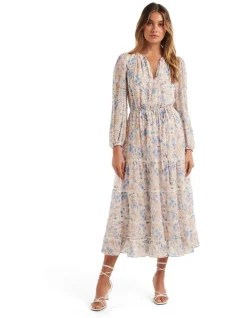 Cheapest 🤩 Forever New Bridget Tiered Lace Trim Midi In Blue/Cream 🧨