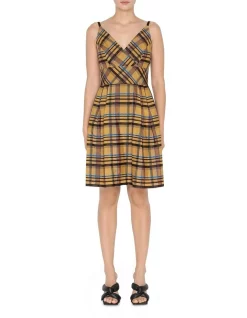 Flash Sale ⌛ Cue Check Tie Back 👗 Dress In Mustard Multi ❤️