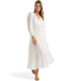 Budget 🤩 Forever New Dove 3/4 Sleeve Shirred Shoulder Midi 👗 Dress In White ✨