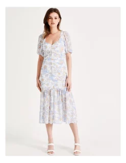 Flash Sale 🤩 Tokito Ruched Detail Puff Sleeve Midi 👗 Dress In Tropical 🛒