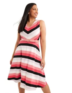 Wholesale 🛒 Review Capri Stripe Ponti 👗 Dress In Pink Multi 🛒