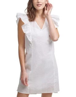 Best deal 🔔 DKNY Ruflle Sleeve V-Neck Mini 👗 Dress Ivory 😍
