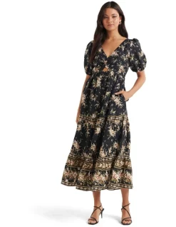 Cheap ⭐ Forever New Esme Ruched Front Midi 👗 Dress In Black 🧨