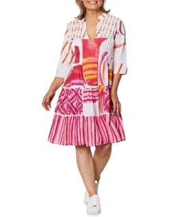 Discount 💯 Gordon Smith Border Print Cotton 👗 Dress In Pink Multi 🎉
