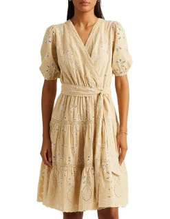 Best Sale 🤩 Lauren Ralph Lauren Eyelet Cotton Voile 👗 Dress In Natural Beige 🛒