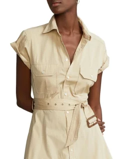 Outlet 🤩 Polo Ralph Lauren Belted Tiered Cotton Utility Midi 👗 Dress In Beige 🔔