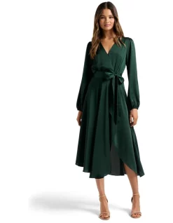 Cheap 🥰 Forever New Marilyn Satin Wrap Midi 👗 Dress Dark Green ✔️