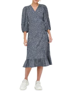 Best deal ๐ ONLY Olivia 3/4 Wrap Midi ๐ Dress Blue Mirage โจ