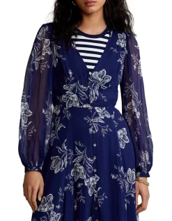 Deals 🌟 Polo Ralph Lauren Crinkled Floral Chiffon 👗 Dress In Blue 🥰