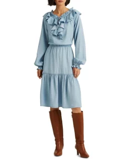 Top 10 🎁 Lauren Ralph Lauren Ruffle-Trim Long-Sleeve 👗 Dress In Blue 🌟