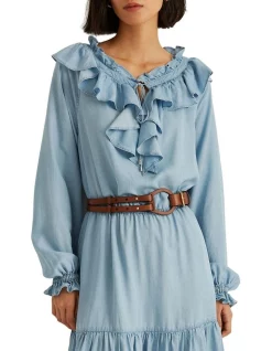 Top 10 🎁 Lauren Ralph Lauren Ruffle-Trim Long-Sleeve 👗 Dress In Blue 🌟 -Sweetheart Sales Store unnamed file 2497