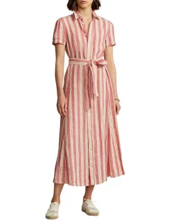 Best deal 😍 Polo Ralph Lauren Striped Belted Linen Midi 👚 Shirtdress In Pink 😀