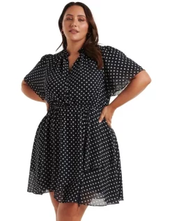 New ❤️ Forever New Curve Bea Flutter Sleeve Mini 👗 Dress In Blue 😉