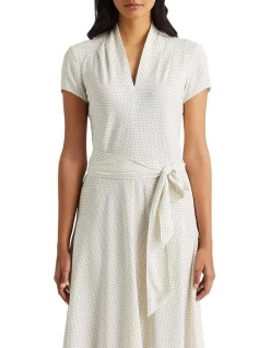 New 🔔 Lauren Ralph Lauren Polka-Dot Crepe Midi 👗 Dress ⭐