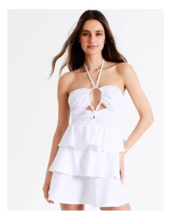 Discount π€© Miss Shop Organic Cotton Blend Ruffle Tiered Cut Out Mini π Dress In White π