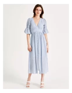 New 🌟 Tokito Puff Sleeve Button Through Check Midi 👗 Dress In Pale Blue 😀