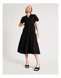 Discount 🌟 Basque Organic Cotton Tiered Midi 👗 Dress In Black ✨