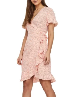 Brand new 👍 Vero Moda Henna 2/4 Sleeve Wrap Frill 👗 Dress In Chintz Rose 🔔