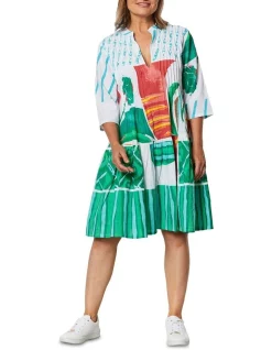 Deals 🔔 Gordon Smith Border Print Cotton 👗 Dress In Green Multi 🥰