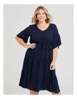 Outlet π Taking Shape Cotton Blend Self Check π Dress In Navy π