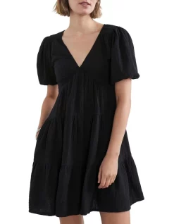 Hot Sale 😀 French Connection Cotton Crinkle Puff Sleeve 👗 Dress In Back ✨